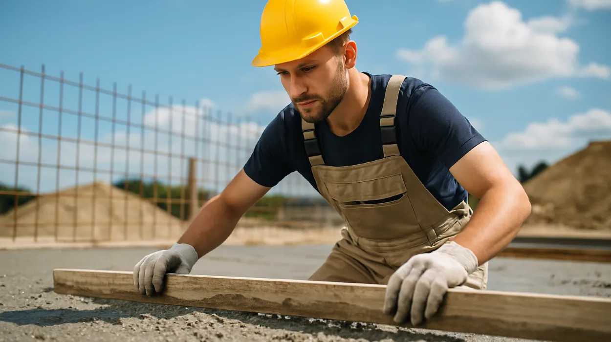 a male concrete worker spreading fresh cement on rebared ground from ES Concrete Solutions in Austin, TX - Austin TX