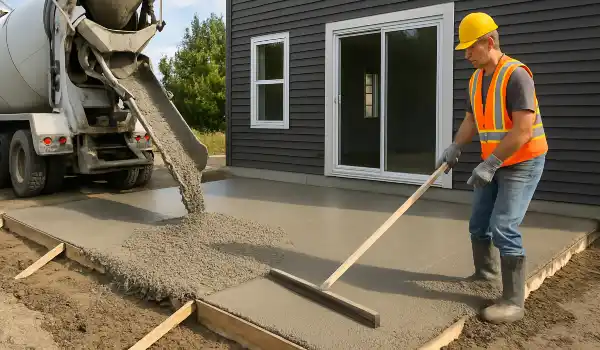 a man spreading the cement a truck is pouring to build a patio from ES Concrete Solutions in Bastrop, TX - Bastrop TX a man spreading the cement a truck is pouring to build a patio from ES Concrete Solutions in Bastrop, TX - Bastrop TX