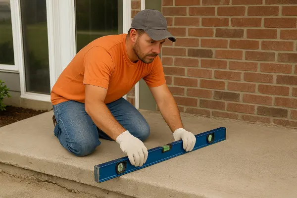 a male worker leveling a concrete slab porch from ES Concrete Solutions in Cedar Park, TX - Cedar Park TX