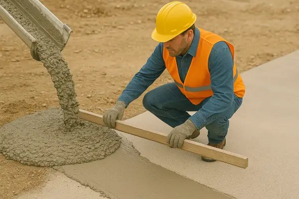 a concrete worker using a piece of wood to spread fresh cement for a sidewalk from ES Concrete Solutions in Round Rock, TX - Concrete Cutting Services