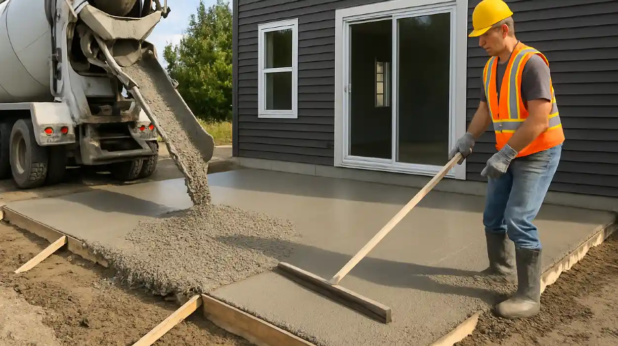 a man spreading the cement a truck is pouring to build a patio from ES Concrete Solutions in Round Rock, TX - concrete patios