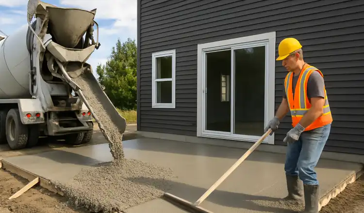a man spreading the cement a truck is pouring to build a patio from ES Concrete Solutions in Round Rock, TX - concrete patios