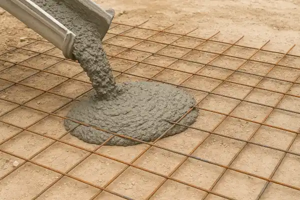 a cement truck pouring cement on a rebared ground from ES Concrete Solutions in Round Rock, TX - concrete patios