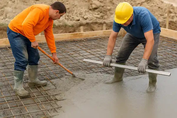 2 workers spreading fresh cement on a rebared ground from ES Concrete Solutions in Round Rock, TX - Concrete resurfacing