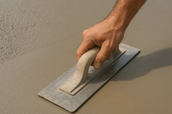 a hand trowel being used on a fresh cement slab from ES Concrete Solutions in Dallas, TX - Dallas TX