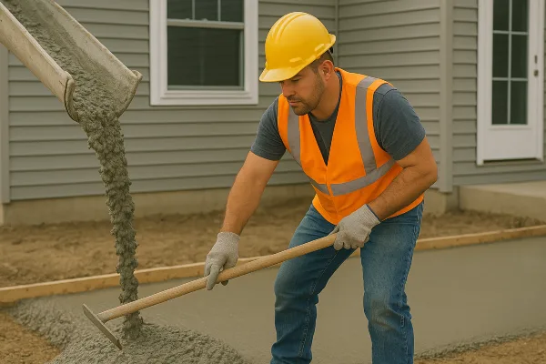 a man spreading the cement that a truck is pouring on the ground from ES Concrete Solutions in Houston, TX - Houston TX a man spreading the cement that a truck is pouring on the ground from ES Concrete Solutions in Houston, TX - Houston TX