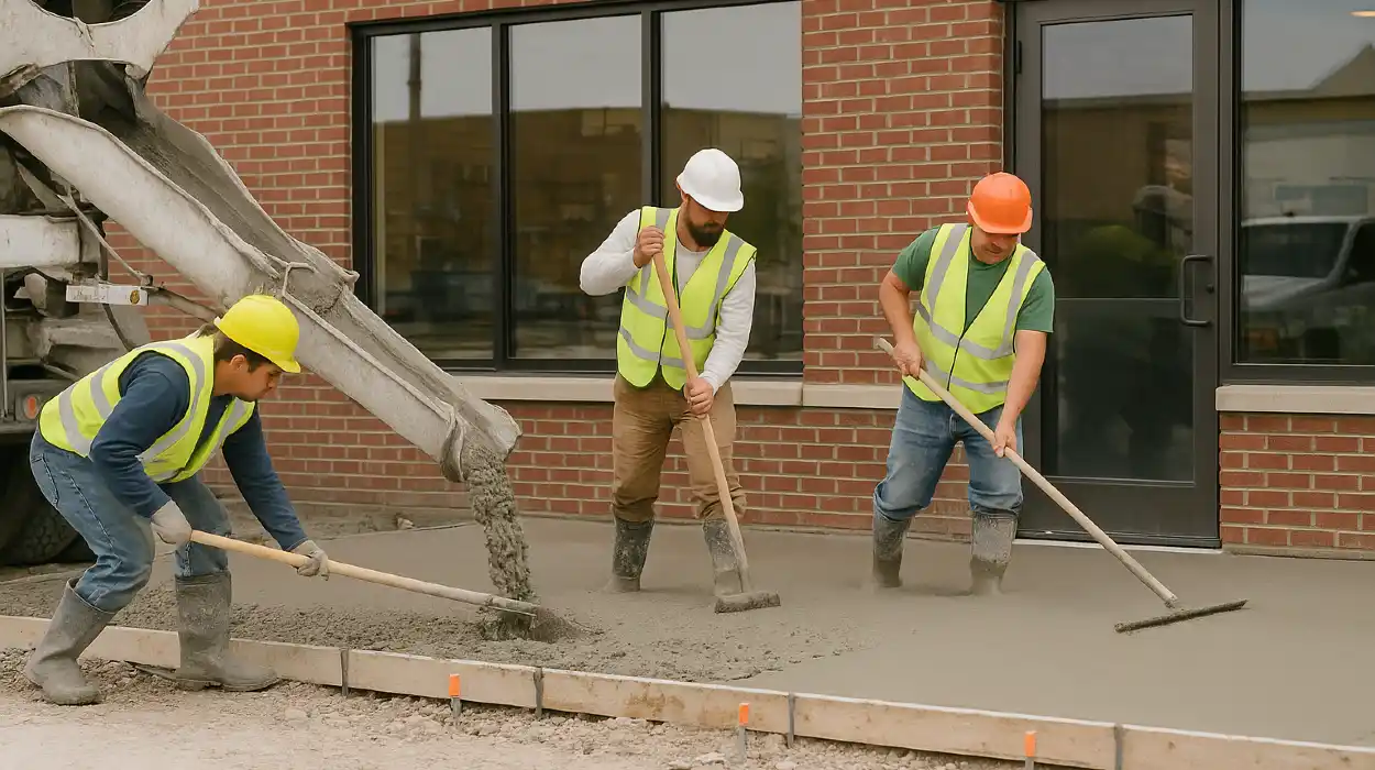 3 concrete contractors spreading concrete on the ground for a sidewalk from ES Concrete Solutions in Kyle, TX - Kyle TX