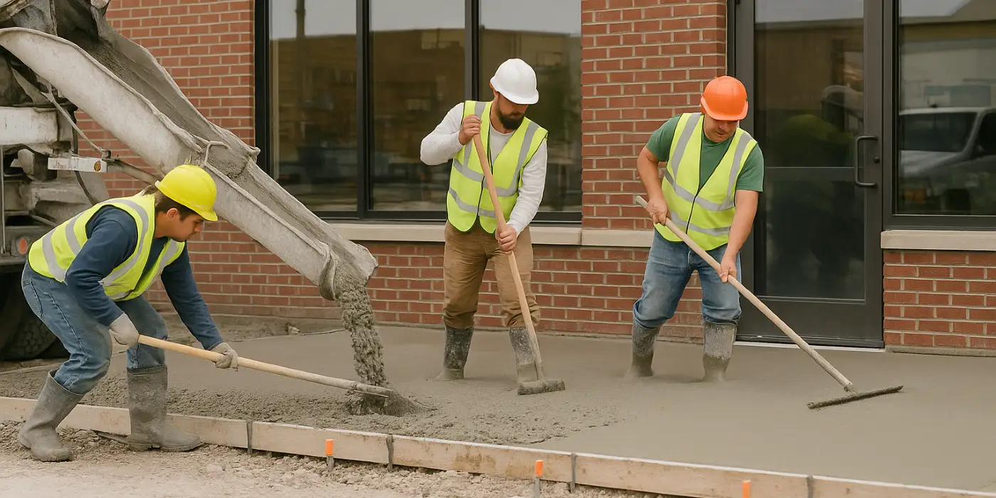 3 concrete contractors spreading concrete on the ground for a sidewalk from ES Concrete Solutions in Kyle, TX - Kyle TX