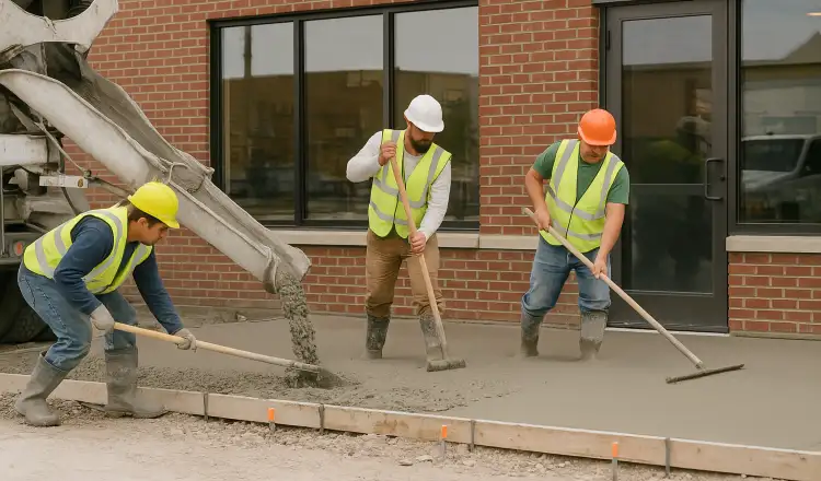 3 concrete contractors spreading concrete on the ground for a sidewalk from ES Concrete Solutions in Kyle, TX - Kyle TX