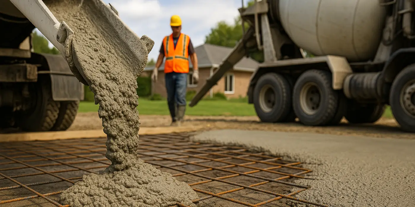 Cement truck pouring cement on a rebared ground from ES Concrete Solutions in Leander, TX - Leander TX