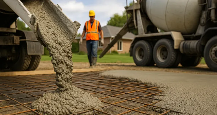 Cement truck pouring cement on a rebared ground from ES Concrete Solutions in Leander, TX - Leander TX
