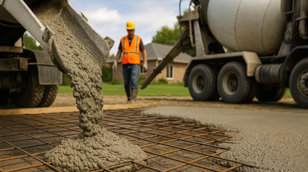 Cement truck pouring cement on a rebared ground from ES Concrete Solutions in Round Rock, TX - Residential Concrete Repairs