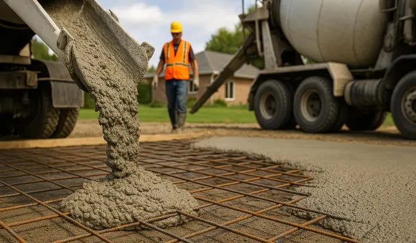 Cement truck pouring cement on a rebared ground from ES Concrete Solutions in Round Rock, TX - Residential Concrete Repairs