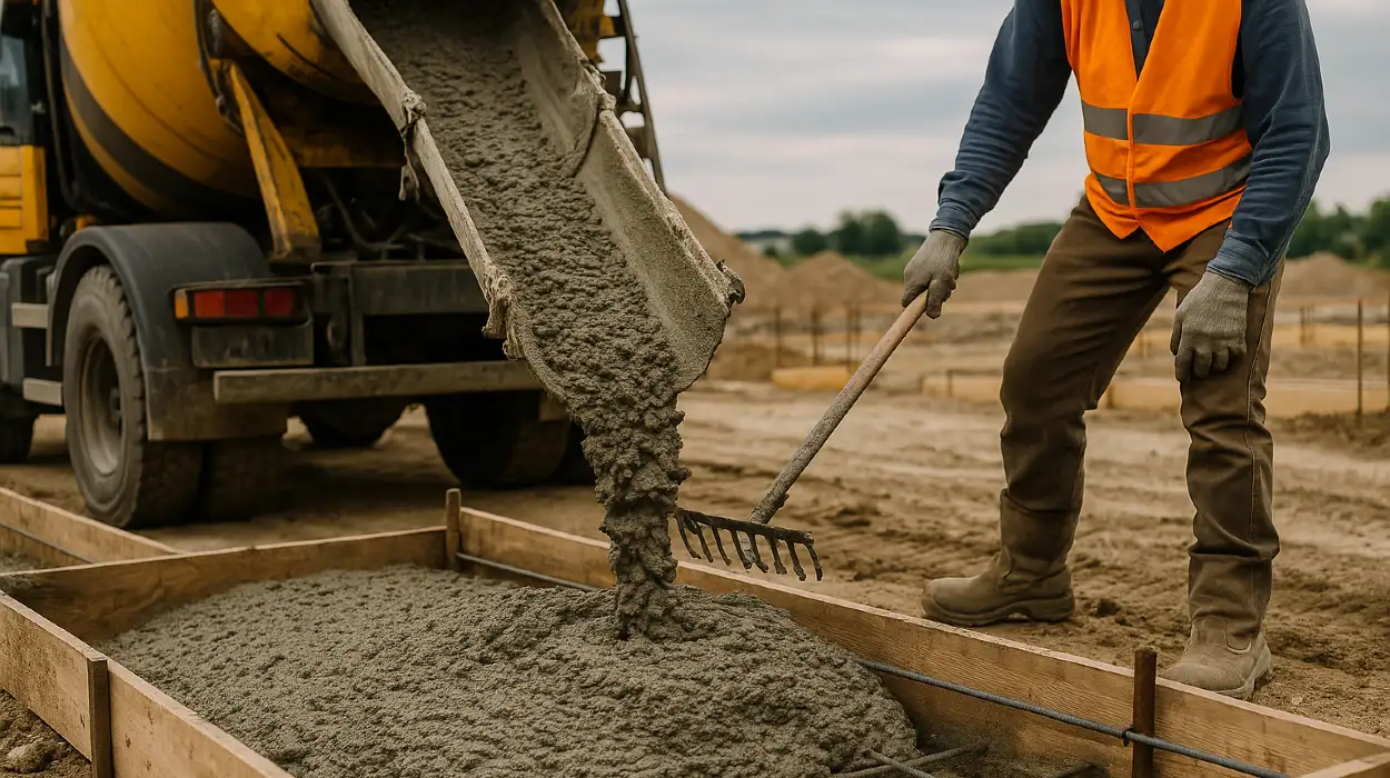 3 concrete contractors spreading concrete on the ground from ES Concrete Solutions in Round Rock, TX 