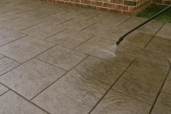 a male worker finishing an outdoor concrete slab from ES Concrete Solutions in Round Rock, TX 