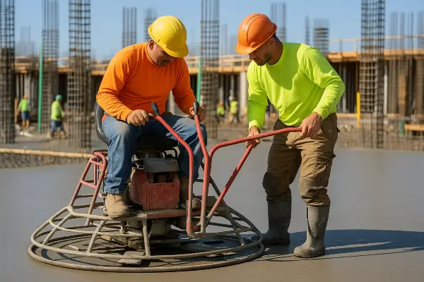 2 men using a machine to finish a concrete slab foundation from ES Concrete Solutions in San Antonio, TX - San Antonio TX