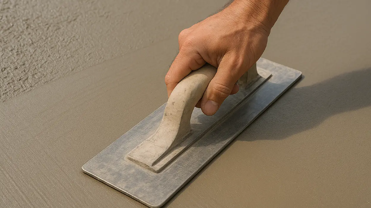 a hand trowel being used on a fresh cement slab to smooth it from ES Concrete Solutions in San Marcos, TX - San Marcos TX