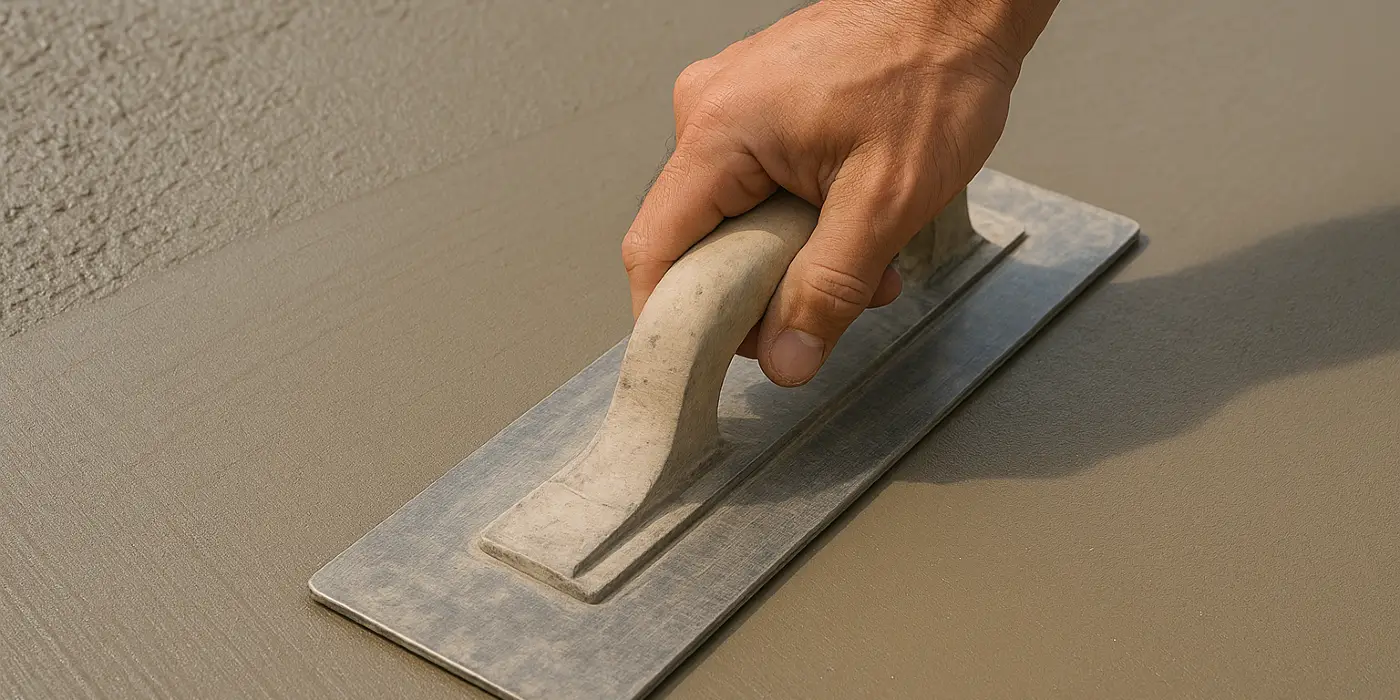 a hand trowel being used on a fresh cement slab to smooth it from ES Concrete Solutions in San Marcos, TX - San Marcos TX