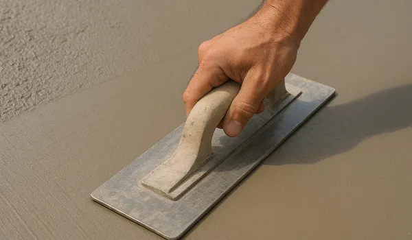 a hand trowel being used on a fresh cement slab to smooth it from ES Concrete Solutions in San Marcos, TX - San Marcos TX