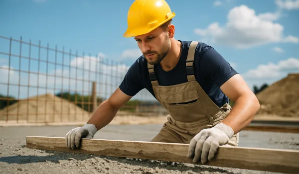 a male concrete worker spreading fresh cement on rebared ground from ES Concrete Solutions in Round Rock, TX - Sidewalk Repair